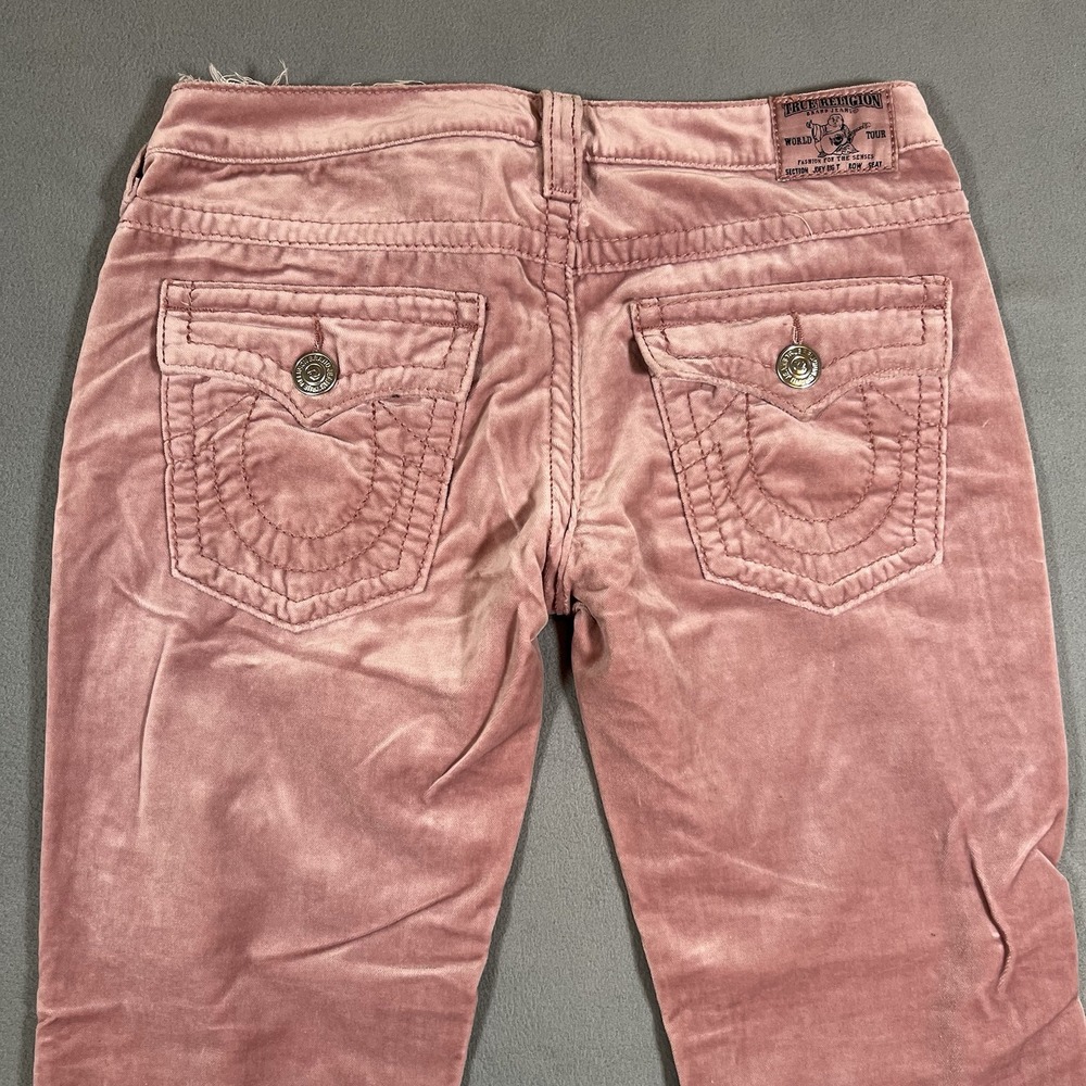 True Religion Joey Big T Velour Flare Leg Pants Sz 31x30 Pink Bootcut Flaps USA - Picture 4 of 12